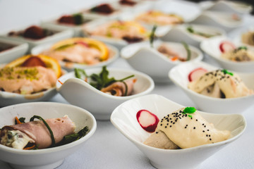 bowls of seafood appetizers - fingerfood for a wedding reception