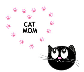Cute cats with hearts and paw prints. ''Cat mom'' text happy Mother's day greeting card
