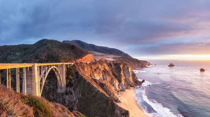 Bixby Creek Bridge on Highway 1 at the US West Coast traveling south to Los Angeles, Big Sur Area,...