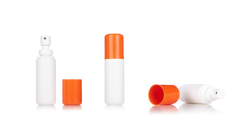 Spray Medicine Antiseptic Drugs Plastic Bottle whit orange lid isolated on  White. Ready For Your Design. Product Packing