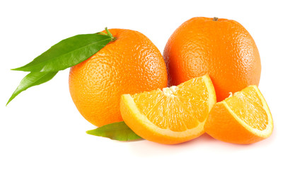 healthy food. orange with green leaf isolated on white background