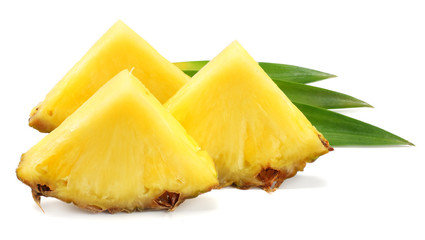 healthy background. pineapple slices with green leaves isolated on white background