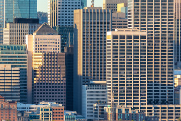 Fototapeta na wymiar San Francisco downtown skyline close-up view at sunrise, California