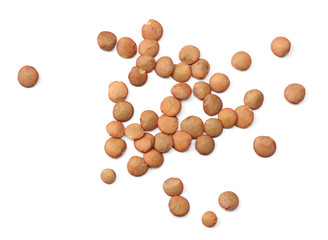 Pile lentil isolated on white background. Top view.