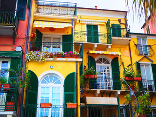 Colorful facades of famous resort  Alassio (province of Savona) on the Italian Riviera in Western Liguria, Italy