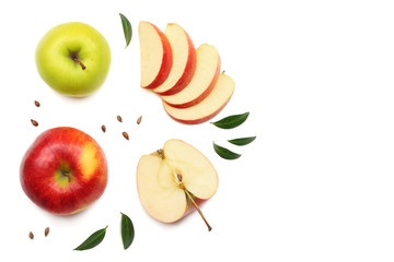 green and red apples with slices isolated on white background. top view
