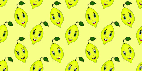 Seamless vector summer yellow background. Seamless pattern from the images of lemons. Background for children, bright colorful background. Lemon in cartoon style, smiling, happy face EPS10