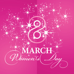 Fototapeta na wymiar Womans Day 8 March line art white stars logo pink background beautiful calligraphy