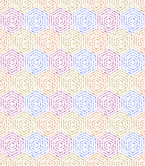 Geometric repeating ornament with colorful hexagonal dotted elements. Geometric modern ornament. Seamless abstract modern pattern