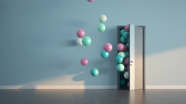 Ballons fly through open door. Slow motion 3D render.