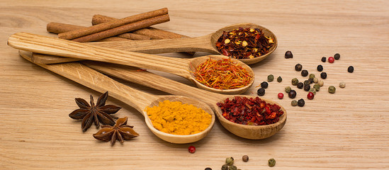 Spice. Spice in a wooden spoon. Herbs. Curry, saffron, turmeric, pepper and others on a wooden background.