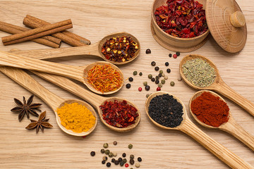 Spice. Spice in a wooden spoon. Herbs. Curry, saffron, turmeric, pepper and others on a wooden background.