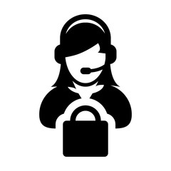 Service Icon Vector Female Operator Person Profile Avatar with Headset and Shopping Bag Symbol for Online eCommerce Support in Glyph Pictogram illustration