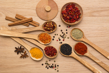 Spice. Spice in a wooden spoon. Herbs. Curry, saffron, turmeric, pepper and others on a wooden background.