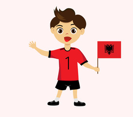 Fan of Albania national football, hockey, basketball team, sports. Boy with Albania flag in the colors of the national command with sports paraphernalia. Boy with albanian flag in the form of a sport.