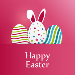 Frohe Ostern - Happy Easter Karte, Hintergrund mit bemalten Ostereiern und Hasenohren