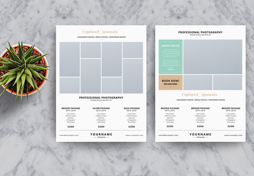 Photography Business Flyer Layout with Green and Gold Accents