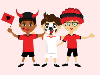 Fan of Albania national football, hockey, basketball team, sports. Boy with Albania flag in the colors of the national command with sports paraphernalia. Boy with albanian flag in the form of a sport.