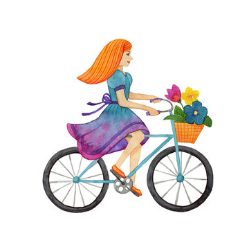 Watercolor girl with flowers on the bike