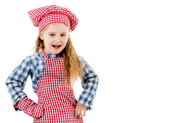 Joyful little girl in red apron isolated on white background