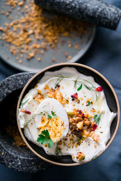Labneh with dukkah and egg.