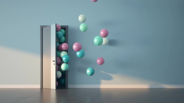 Ballons fly through open door. Slow motion 3D render.