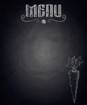 Menu of restaurant with hand drawn carrot on black chalkboard background