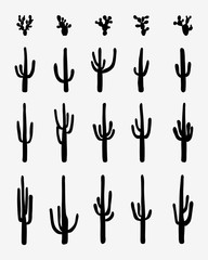 Black silhouettes of different cactus on a white background