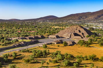 Mexico. Pre-Hispanic City of Teotihuacan (UNESCO World Heritage Site). The Pyramid of the Moon and fragment of the Avenue of the Dead