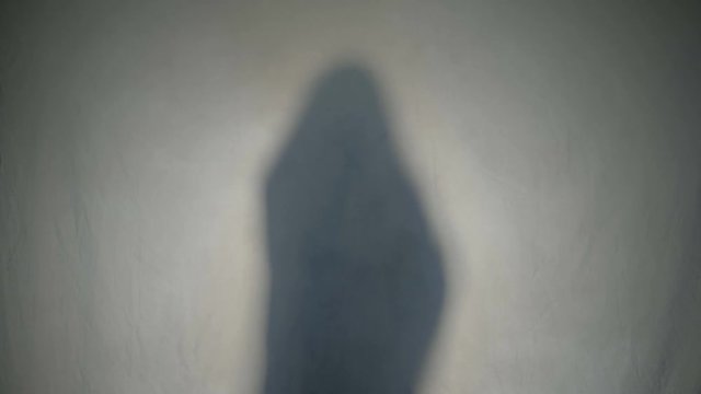 Shadow silhouette of a dark halloween ghost dancing in fog behind the glass