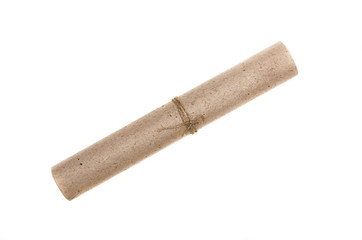 Rolled scroll paper page isolated on white background. Top view.