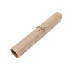 Rolled scroll paper page isolated on white background. Top view.