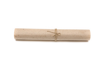 Rolled scroll paper page isolated on white background. Top view.