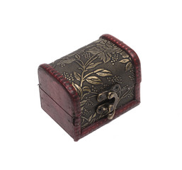 Closed treasure chest isolated on white background. The crate. Gift box. Front top side view.