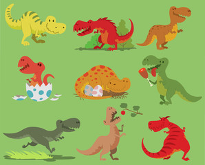 Cartoon vector dinosaur tyrannosaurus rex character dino and jurassic tyrannosaur attacking illustration set of ancient animal old reptyle with teeth hunter, sleep, open mouth and eggs isolated © Vectorvstocker