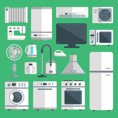 Vector home appliances isolated on background illustration of kitchen equipment refrigerator, home appliance domestic washing machine, microwave, fan electric home appliance cooking freezer tool