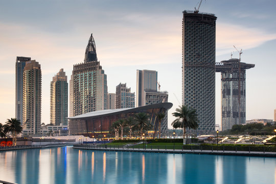 DUBAI, UAE - FEBRUARY 2018: Skyscrapers skyline of Old Town Island around the Burj Khalifa Lake near the Dubai Mall in Dubai Downtown