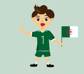 Fan of Algeria national football, hockey, basketball team, sports. Boy with Algeria flag in the colors of the national command with sports paraphernalia. Boy with Algerian flag in the form of a sport.