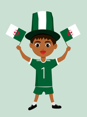 Fan of Algeria national football, hockey, basketball team, sports. Boy with Algeria flag in the colors of the national command with sports paraphernalia. Boy with Algerian flag in the form of a sport.