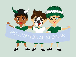 Fan of Algeria national football, hockey, basketball team, sports. Boy with Algeria flag in the colors of the national command with sports paraphernalia. Boy with Algerian flag in the form of a sport.