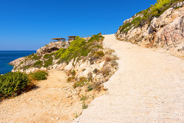 Mountain road and blue sky. Western side of Zakynthos island. Zante, Greece