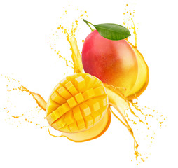mango in juice splash isolated on a white background - obrazy, fototapety, plakaty