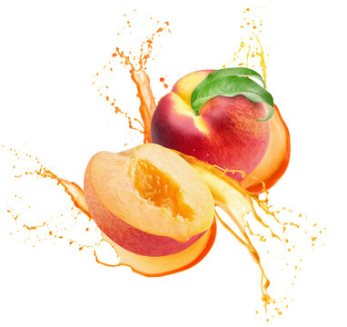 peaches in juice splash isolated on a white background