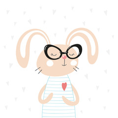 Card with cute cartoon bunny in trendy glasses. Vector illustration.