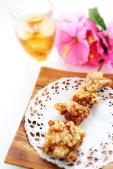 fried chicken and bamboo skewer