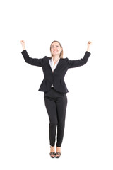 Business woman standing at white background with success feeling. Woman success for business project.