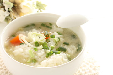 Korean food, spring onion and rice soup