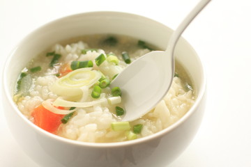Korean food, spring onion and rice soup
