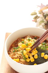 Japanese instant ramen with corn and spring onion
