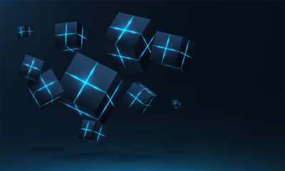 Vector realistic 3d cubes with neon parts compose on dark space background